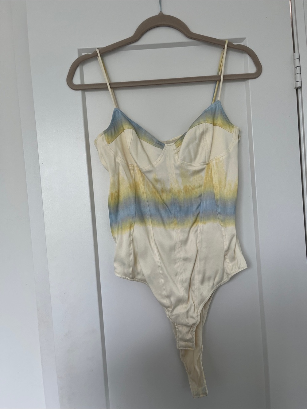 Zara Cream Satin Bodysuit with Blue and Yellow Tie-Dye Accents